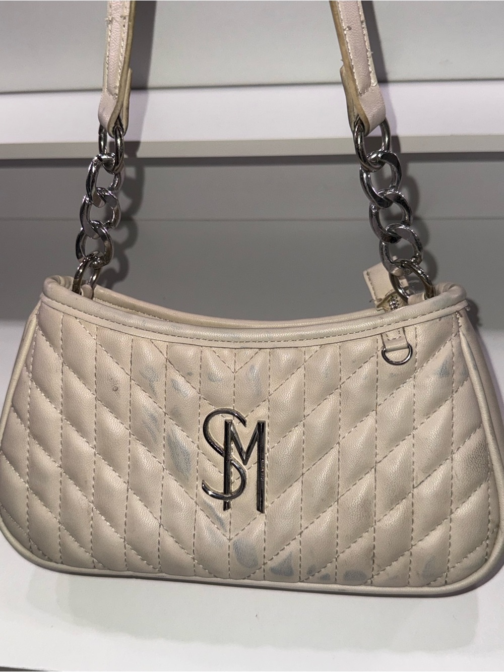 Steve Madden Cream Quilted Shoulder Bag with Silver Chain